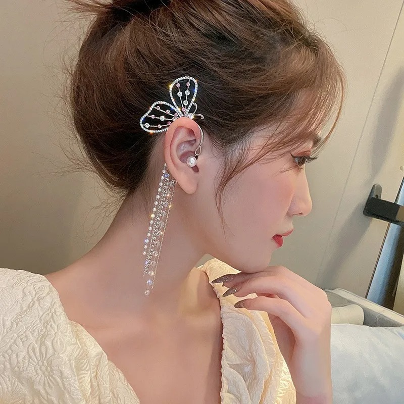 Butterfly Ear Clip, Wrap Butterfly Flowers Tassel Long Ear Cuff Earrings Jewelry Gifts for Women Girls