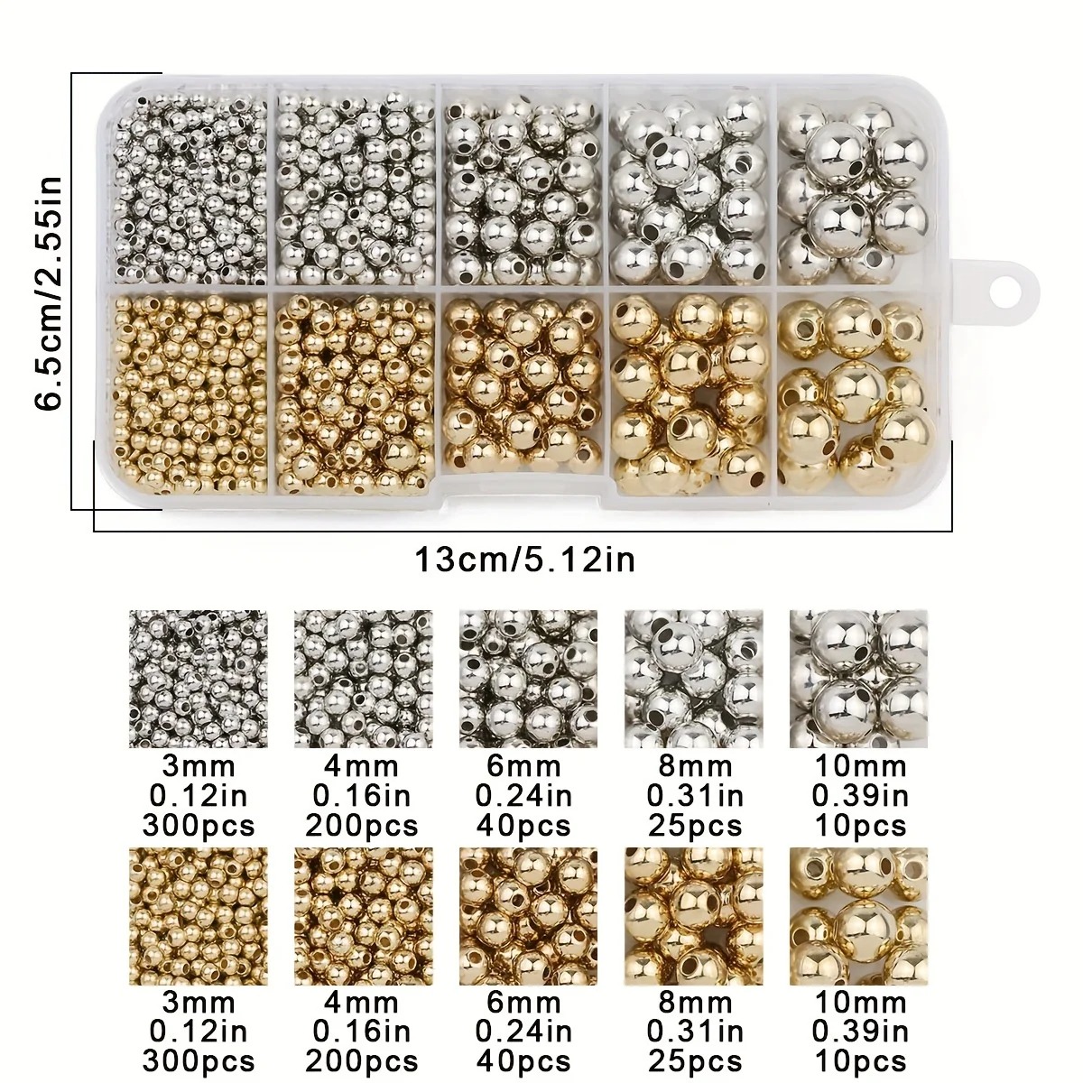 950PCS 3/4/6/8/10MM CCB Gold Silver Color Spacer Round Loose Beads 