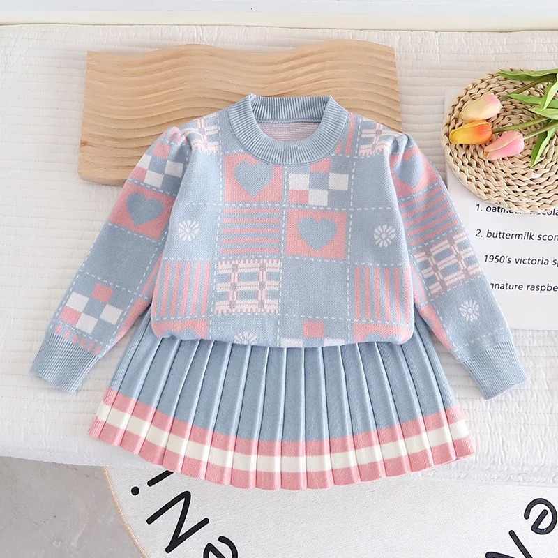 Girls Pleated Skirt Suit 2PCS Knitted Set Plaid Pattern
