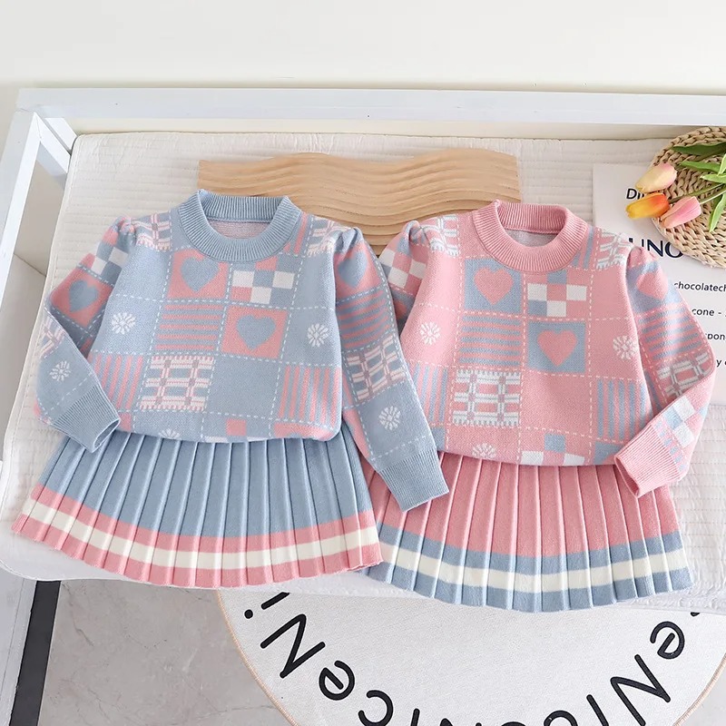 Girls Pleated Skirt Suit 2PCS Knitted Set Plaid Pattern