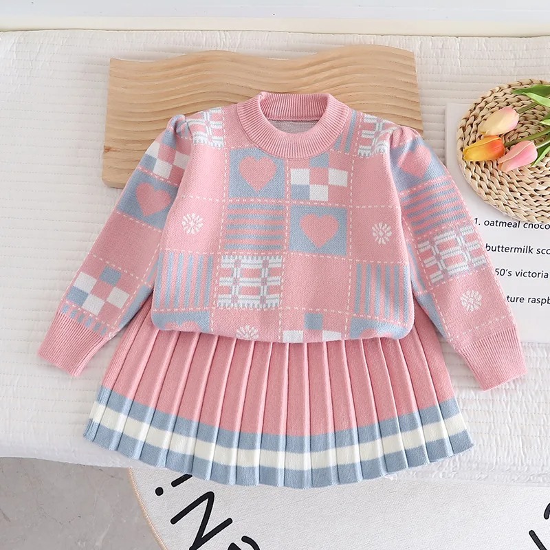 Girls Pleated Skirt Suit 2PCS Knitted Set Plaid Pattern