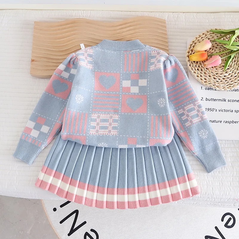 Girls Pleated Skirt Suit 2PCS Knitted Set Plaid Pattern