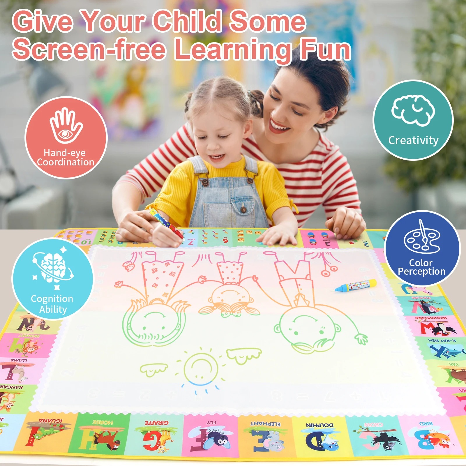 100x80CM Magic Water Drawing Mat Coloring Doodle With Reusable Magic Pens