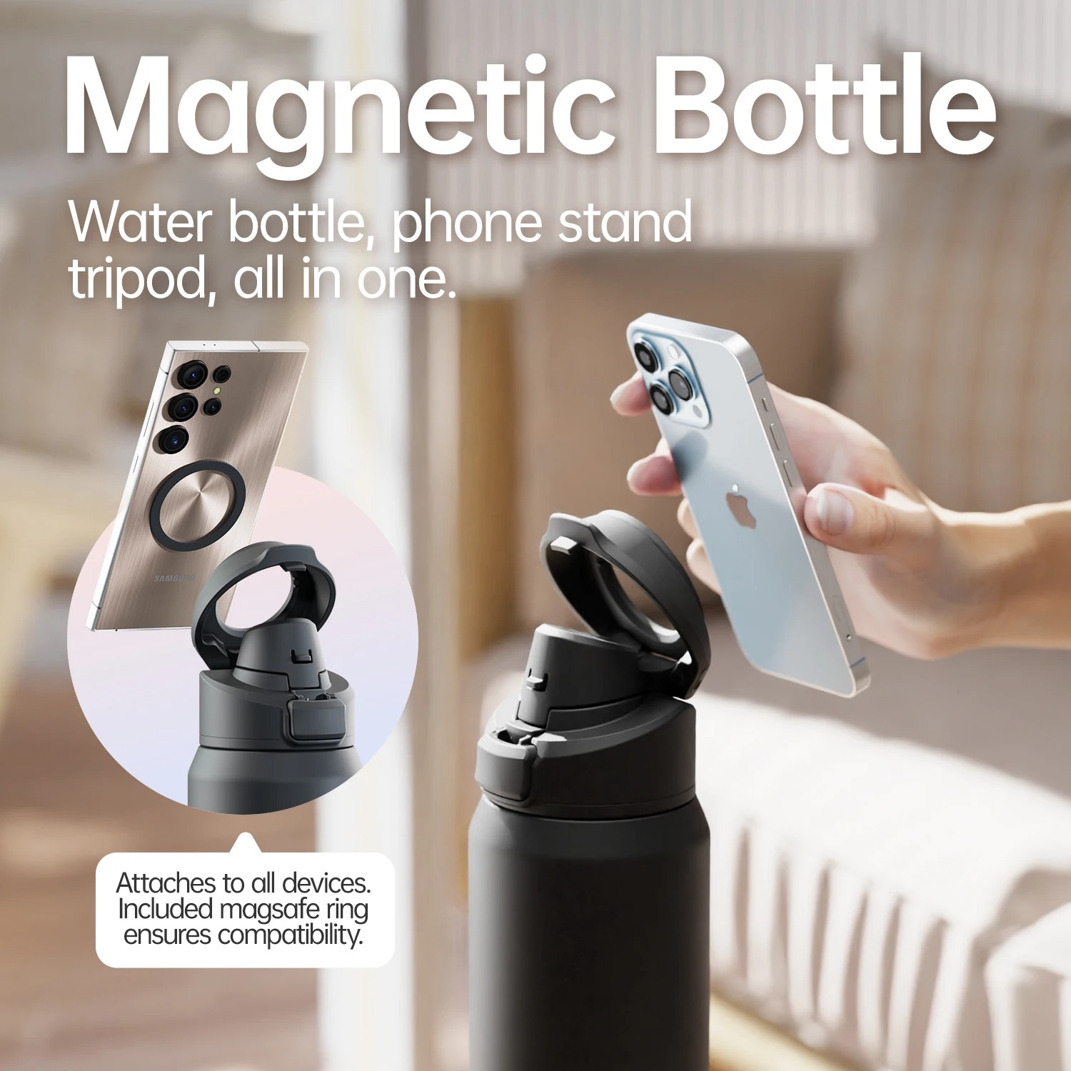  Magnetic Thermos Stainless Steel Sports Water Bottle with Magnetic Phone Holder 