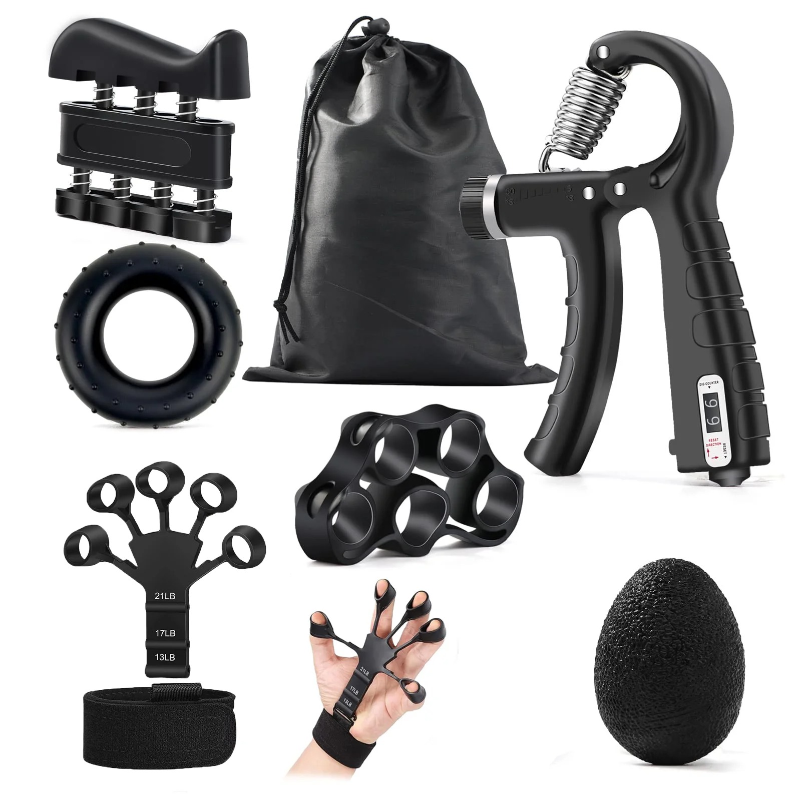 5-60Kg Adjustable Grip Strength Trainer with Finger Exerciser