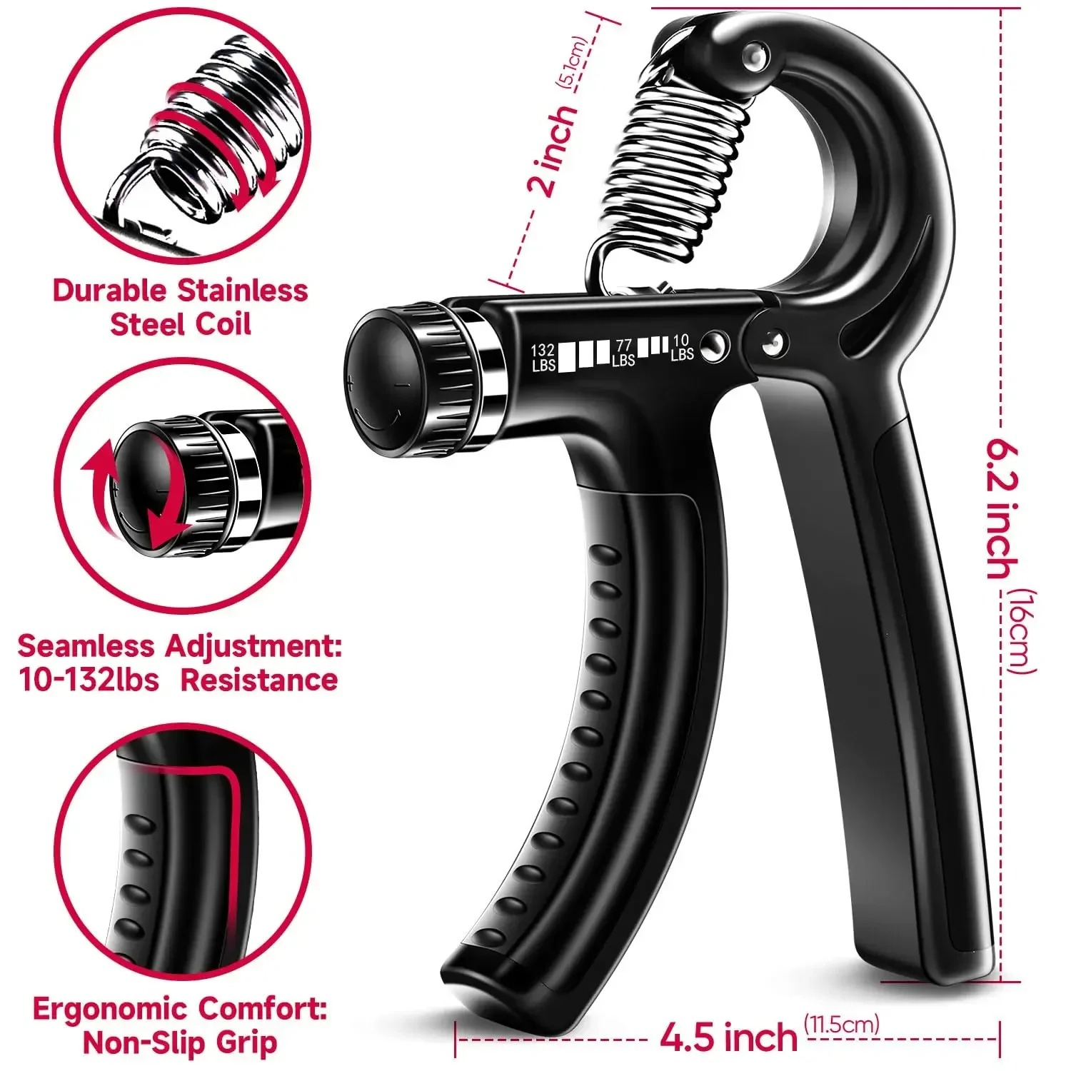 5-60Kg Adjustable Grip Strength Trainer with Finger Exerciser