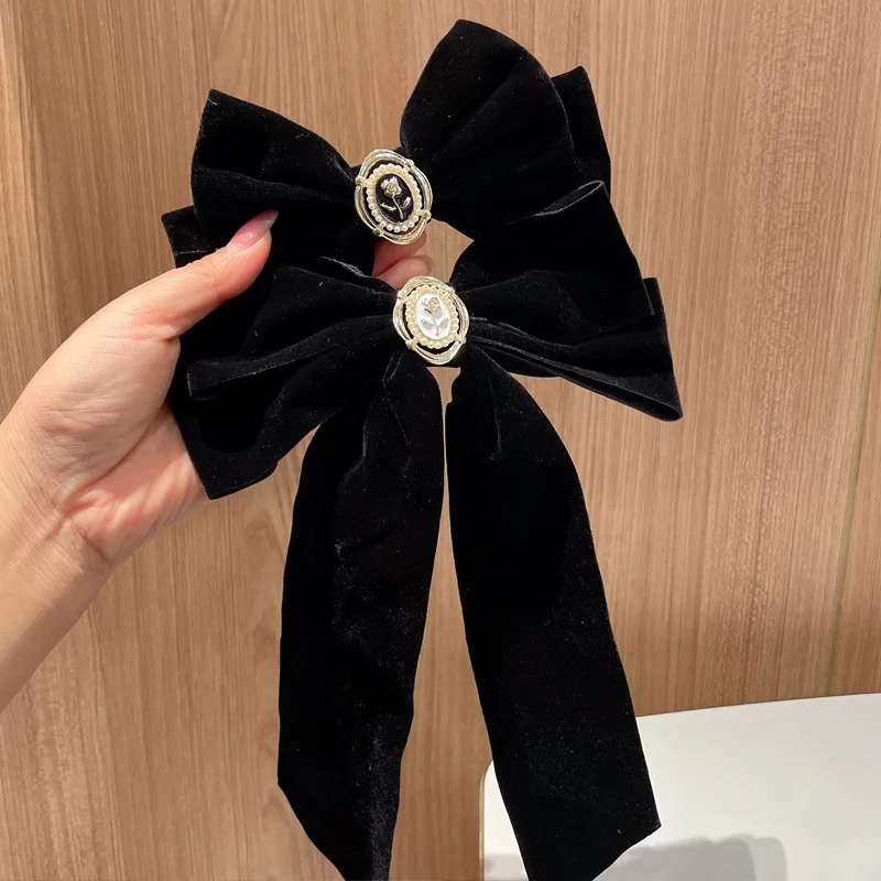 Elegant Black Velvet Bow Hairpin Rhinestone Roses Bowknot Hair Clips for Women 
