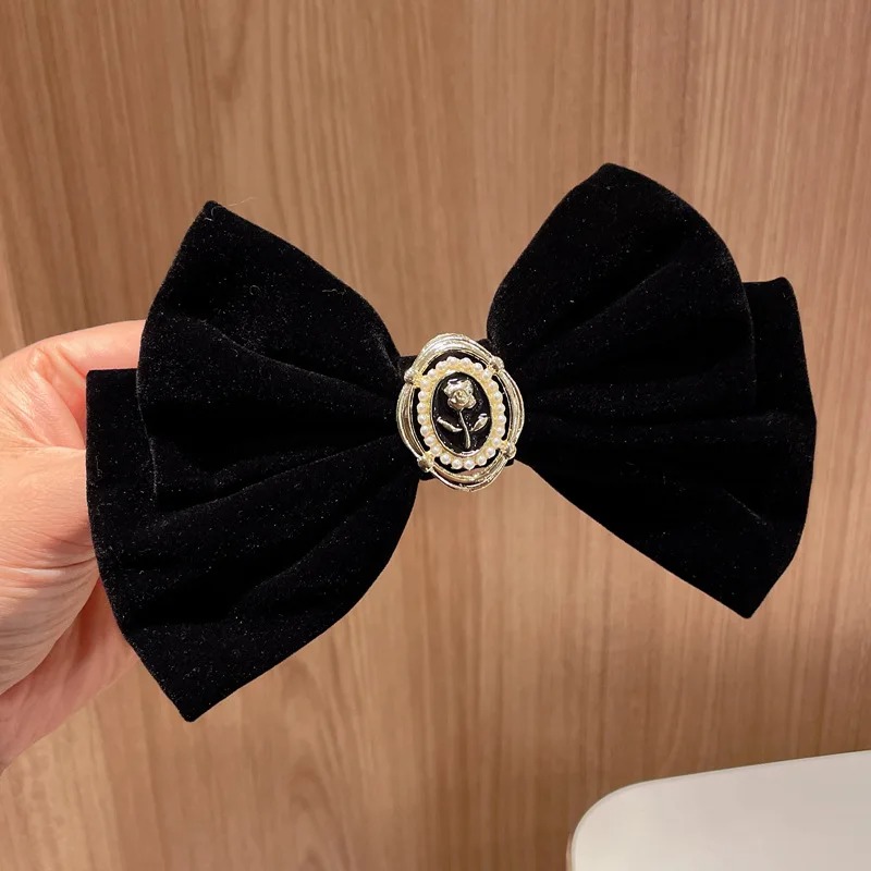 Elegant Black Velvet Bow Hairpin Rhinestone Roses Bowknot Hair Clips for Women 