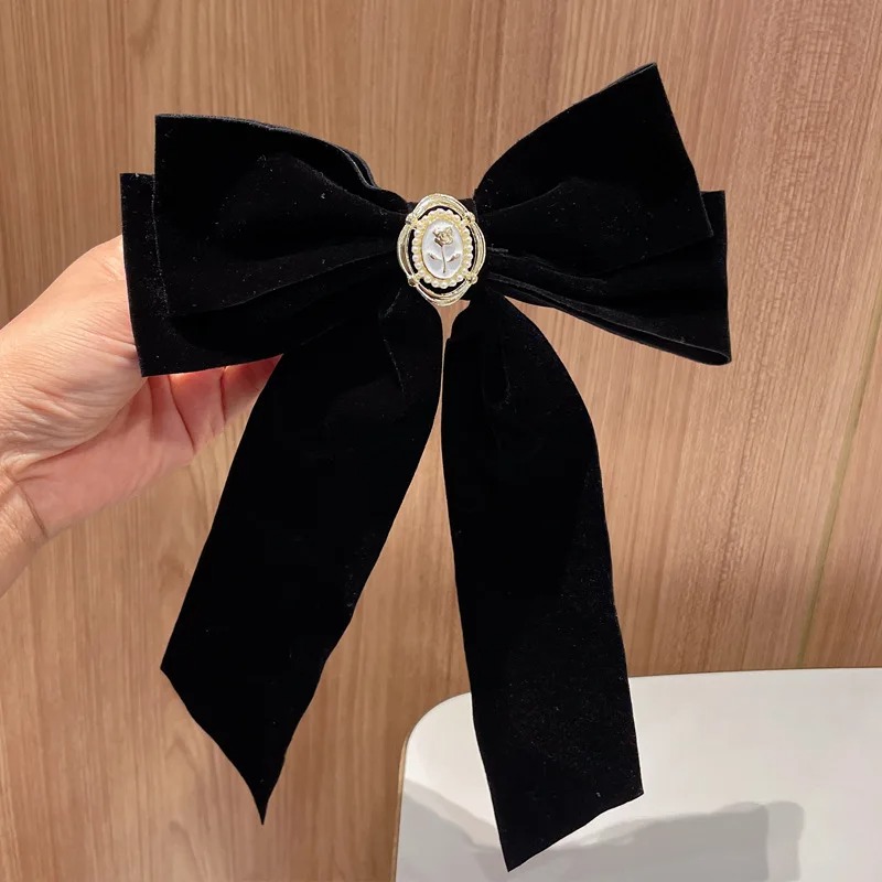 Elegant Black Velvet Bow Hairpin Rhinestone Roses Bowknot Hair Clips for Women 