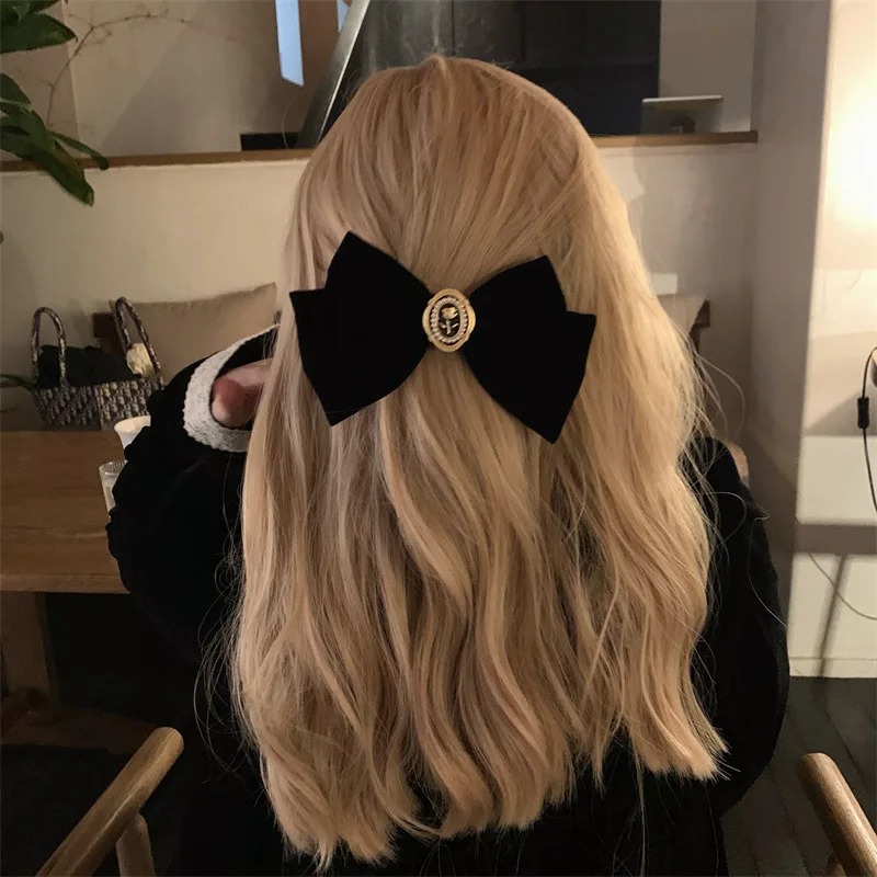 Elegant Black Velvet Bow Hairpin Rhinestone Roses Bowknot Hair Clips for Women 
