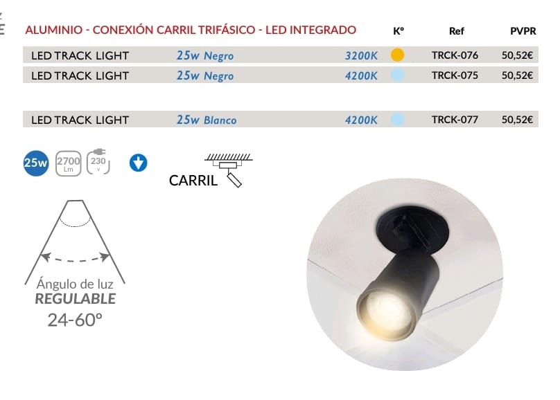 Proyector carril 25w blanco luz neutra 4000k