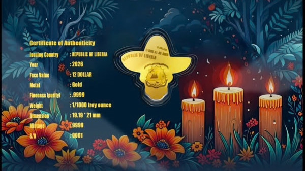 2026 Liberia – Día de los Muertos (1/1000 oz) – Edición Limitada de 9,999 piezas