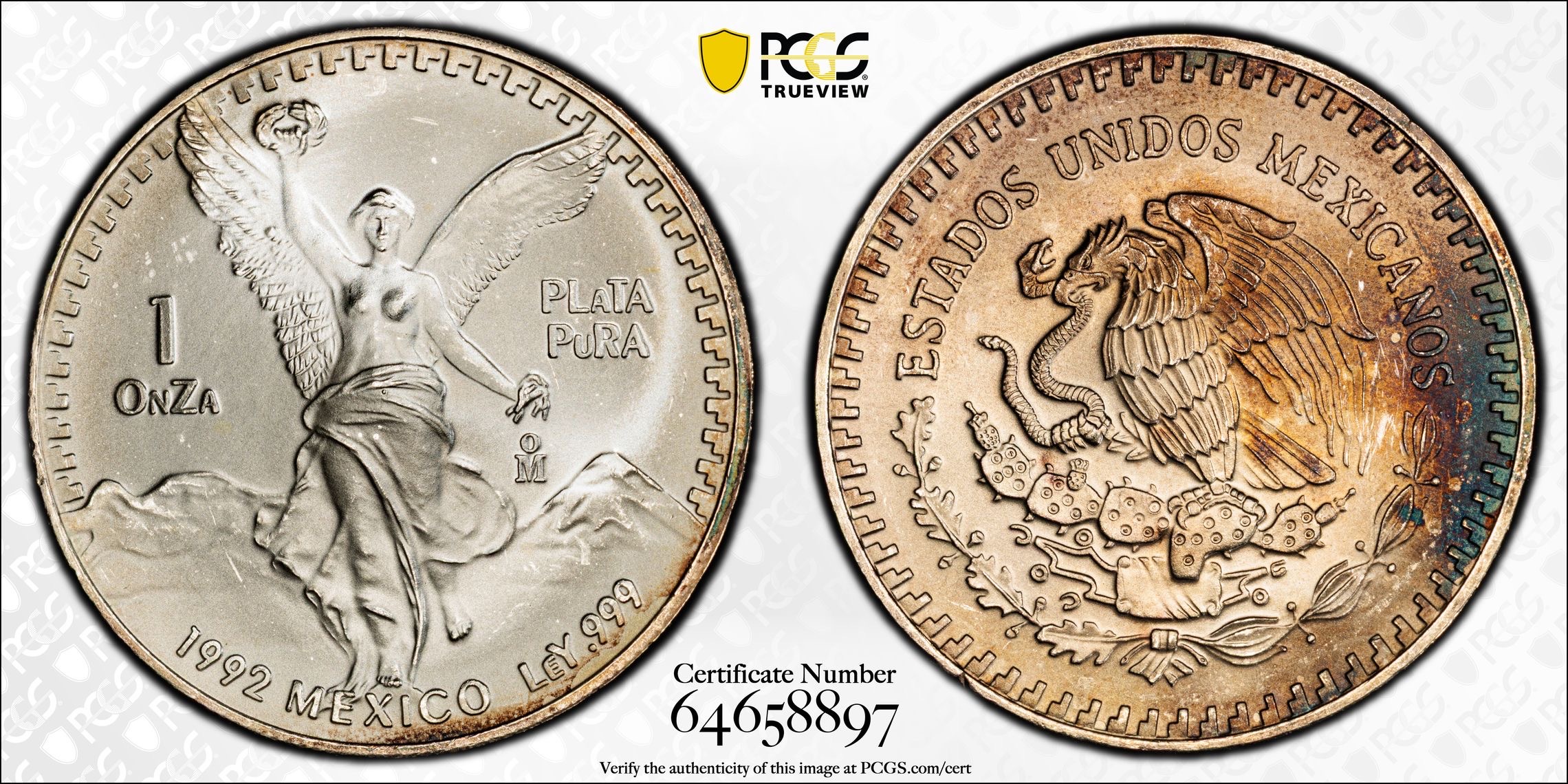 1992 Mexican Silver Libertad 1 oz PCGS MS67 – 40th Anniversary Label (Toned)