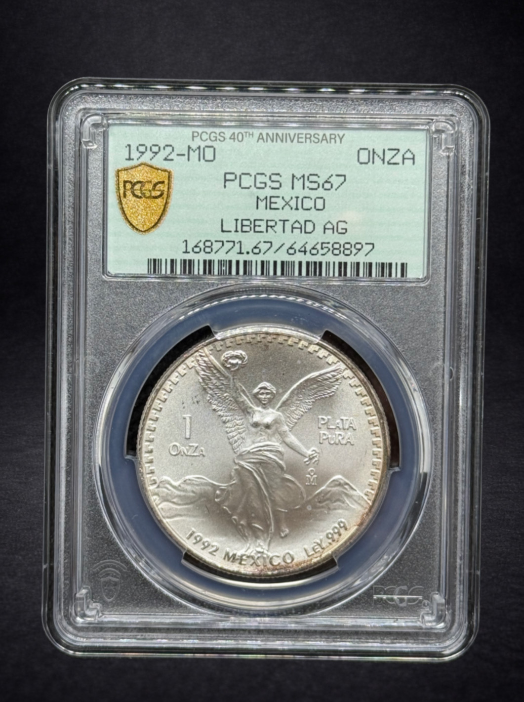 1992 Mexican Silver Libertad 1 oz PCGS MS67 – 40th Anniversary Label (Toned)