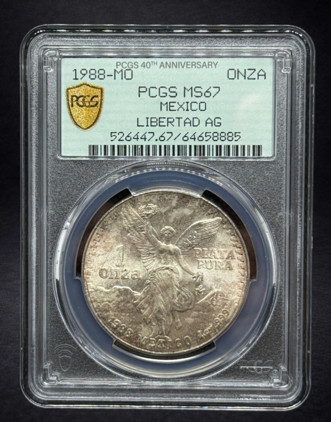 1988 Mexican Silver Libertad 1 oz PCGS MS67 – 40th Anniversary Label