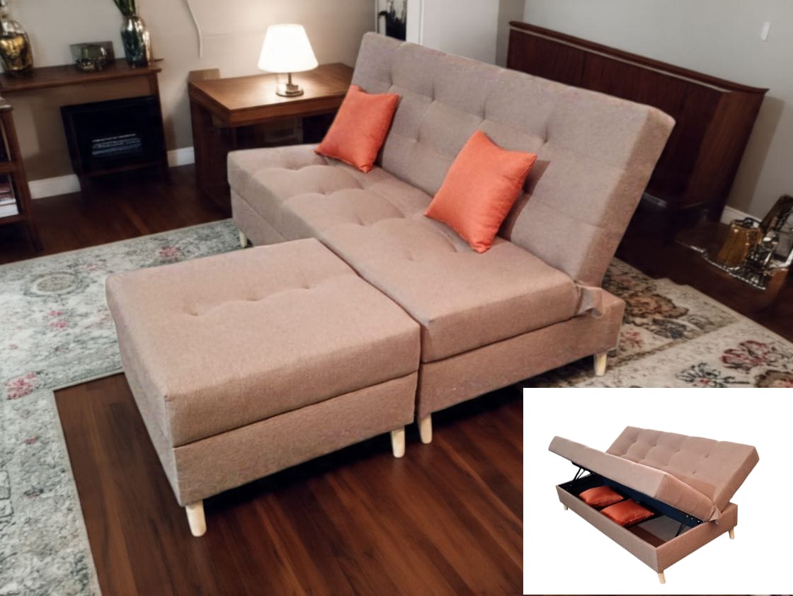 Sofá Cama Matrimonial Modelo Kerlly con baúl interno y taburete
