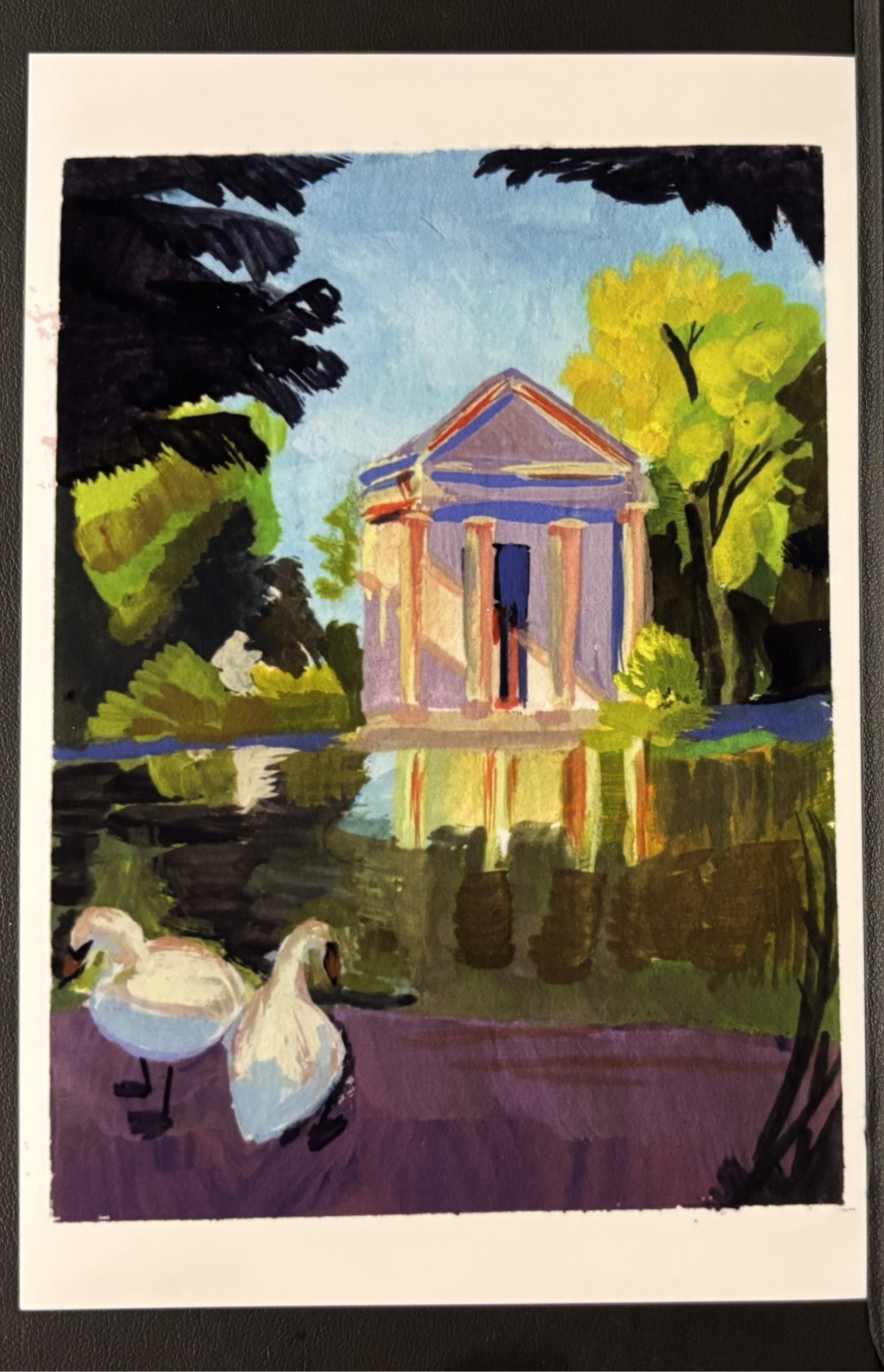 Colorful Painting of a Pavilion by a Pond -Print