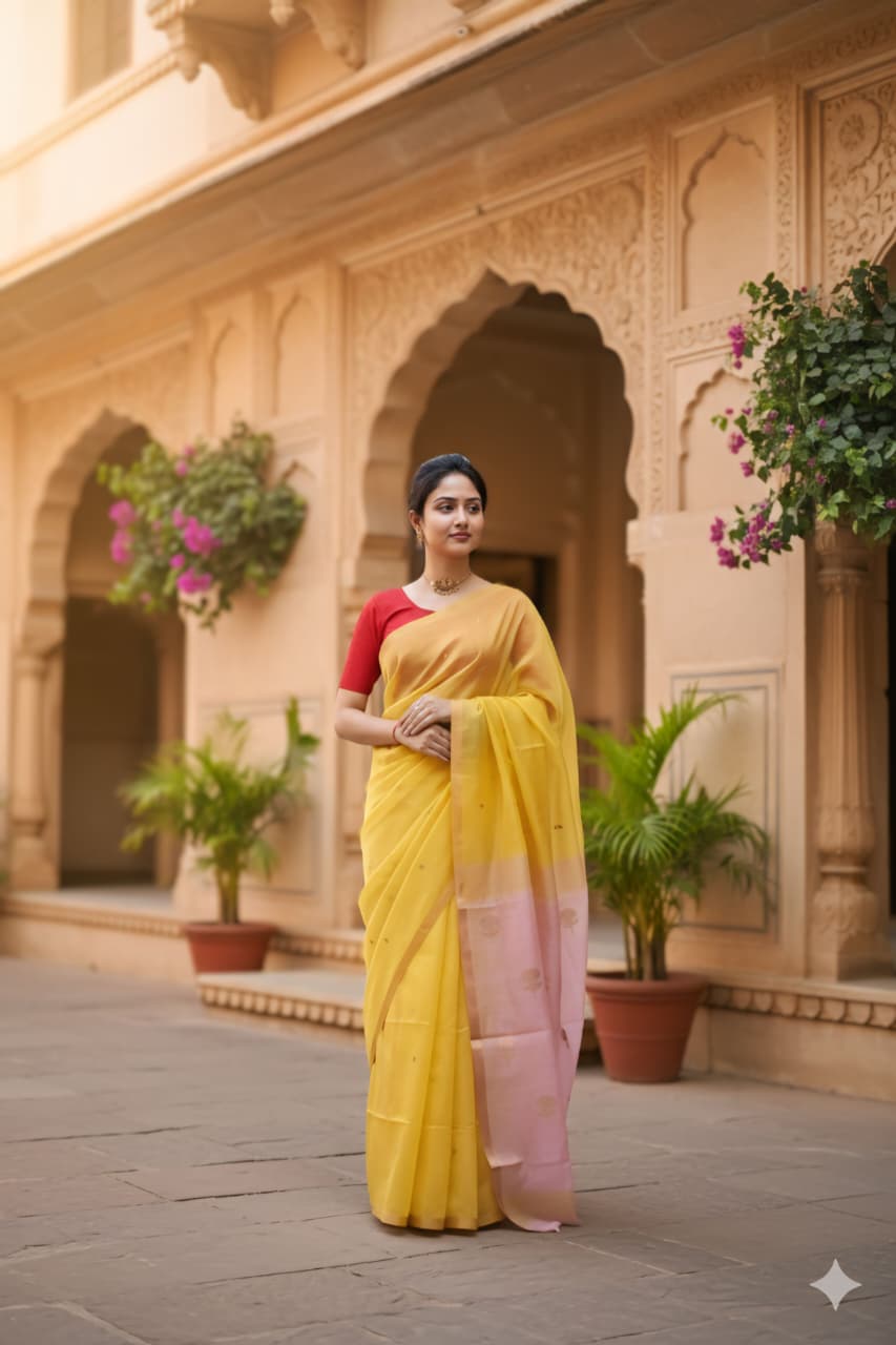 Yellow and Pink Silk Saree