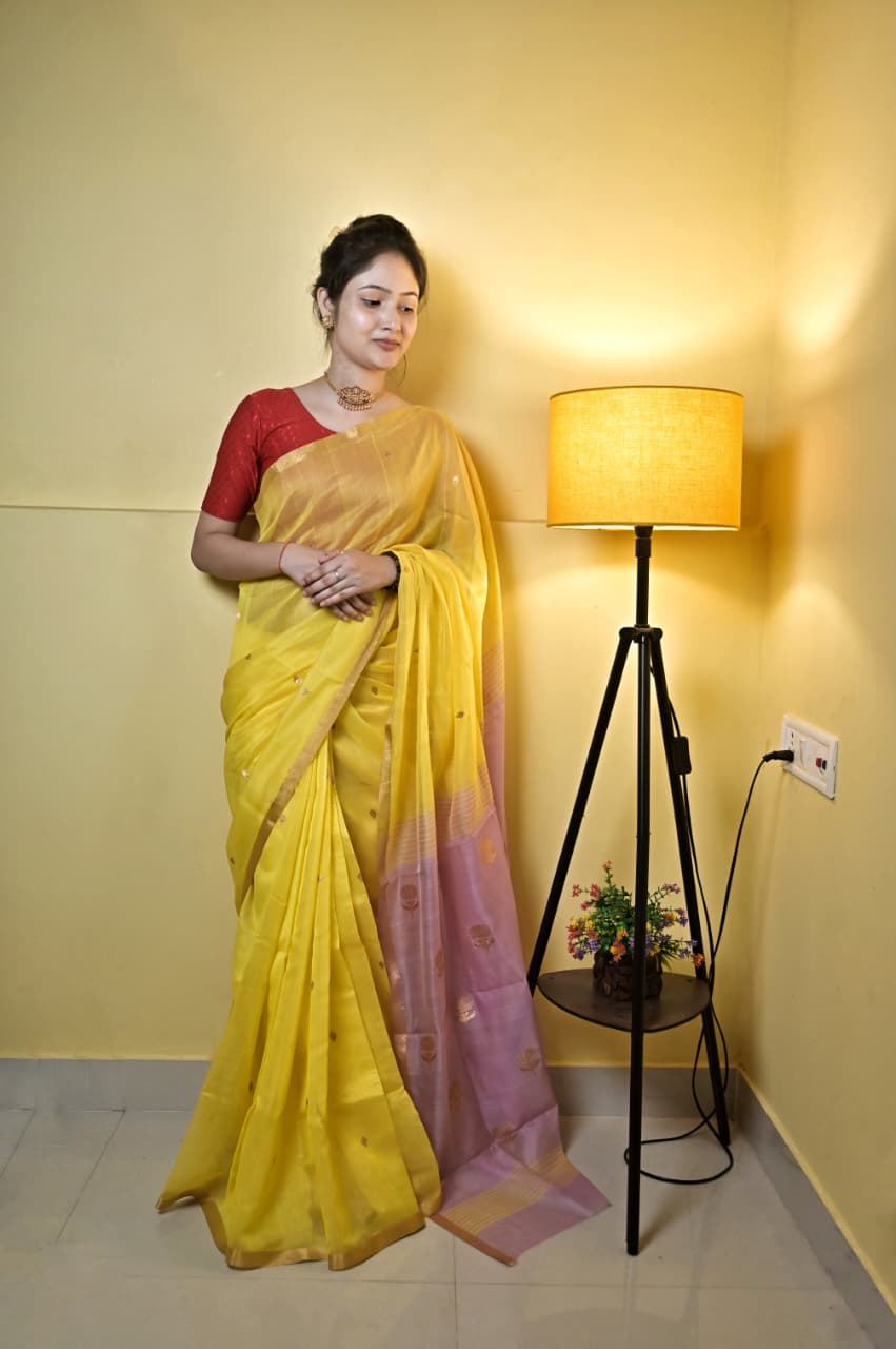 Yellow and Pink Silk Saree