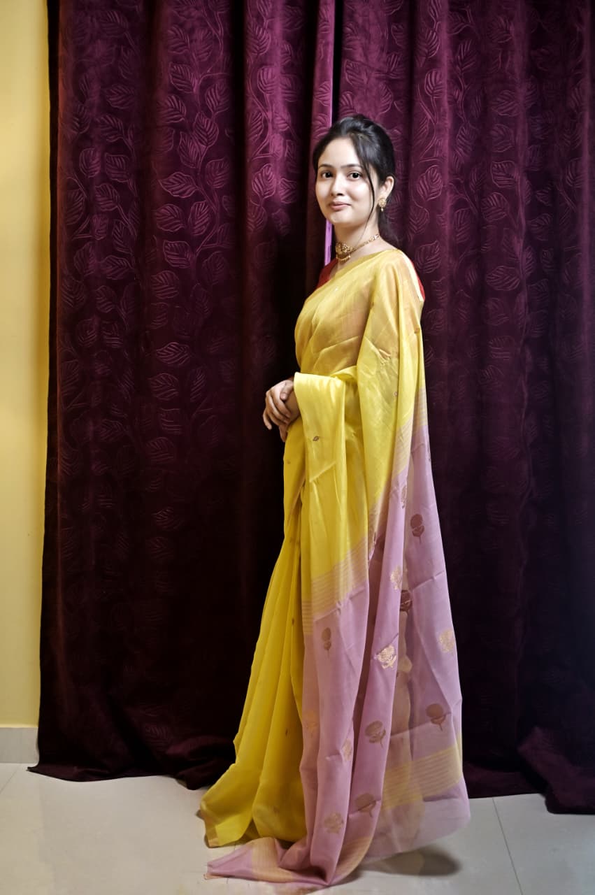 Yellow and Pink Silk Saree