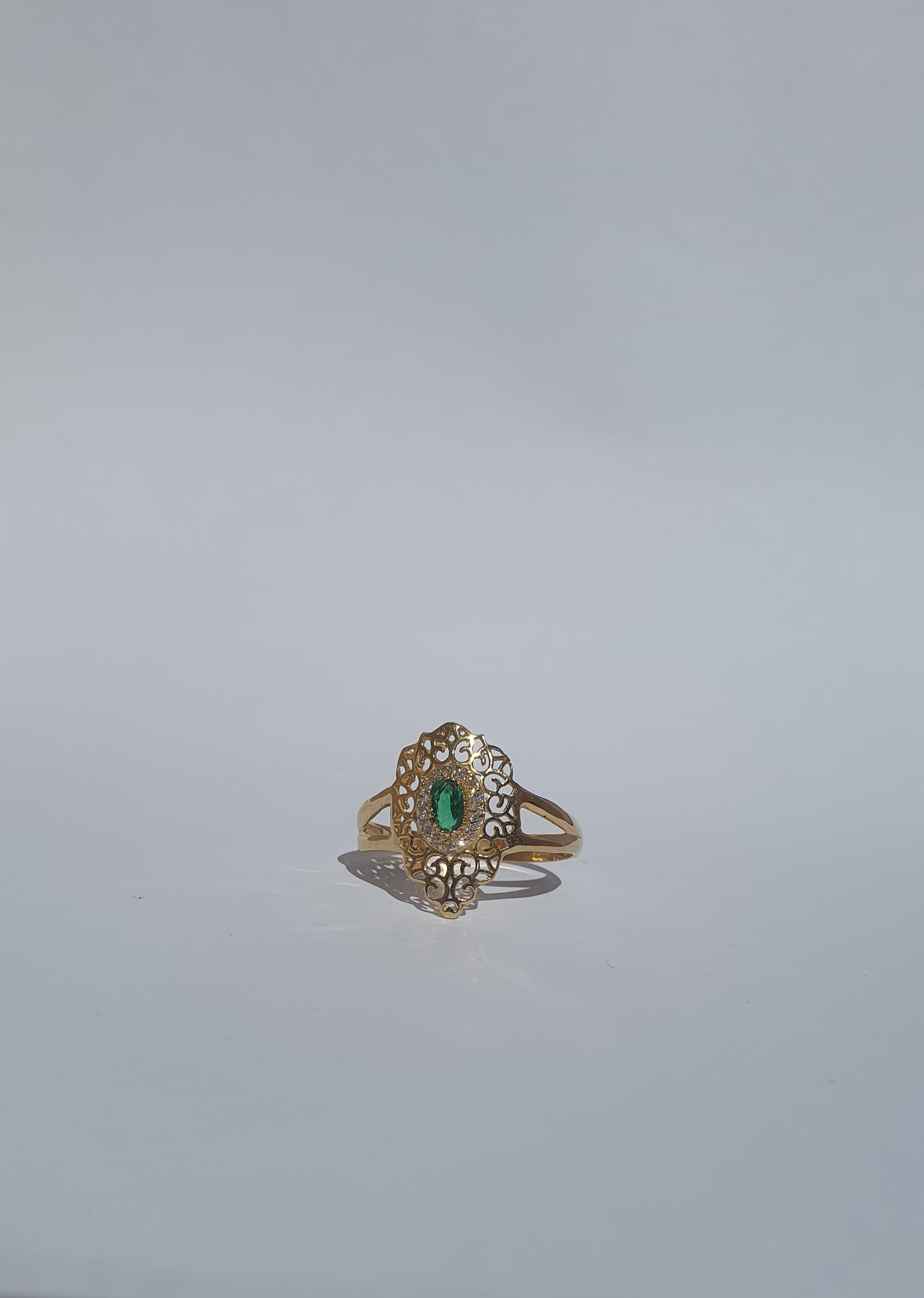 Gold Filigree Ring with Green Gemstone