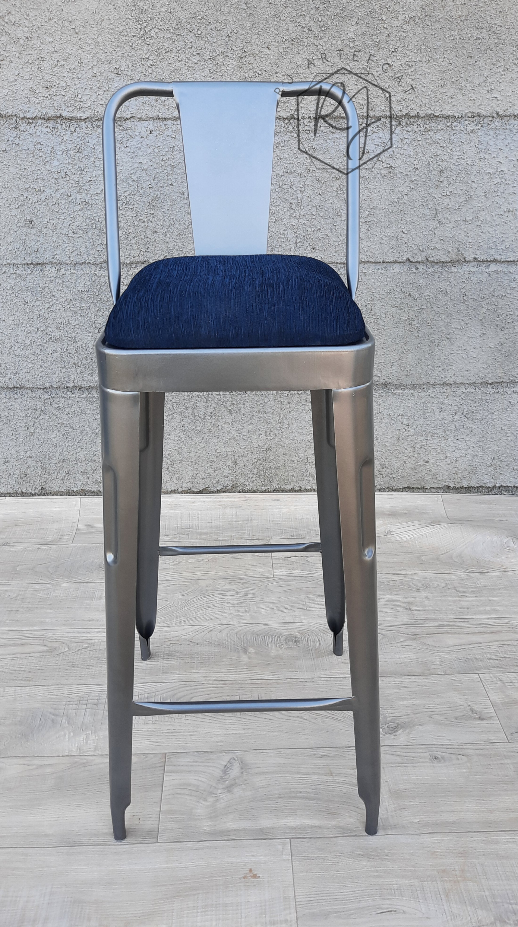 Metal Bar Stool with Blue Cushion