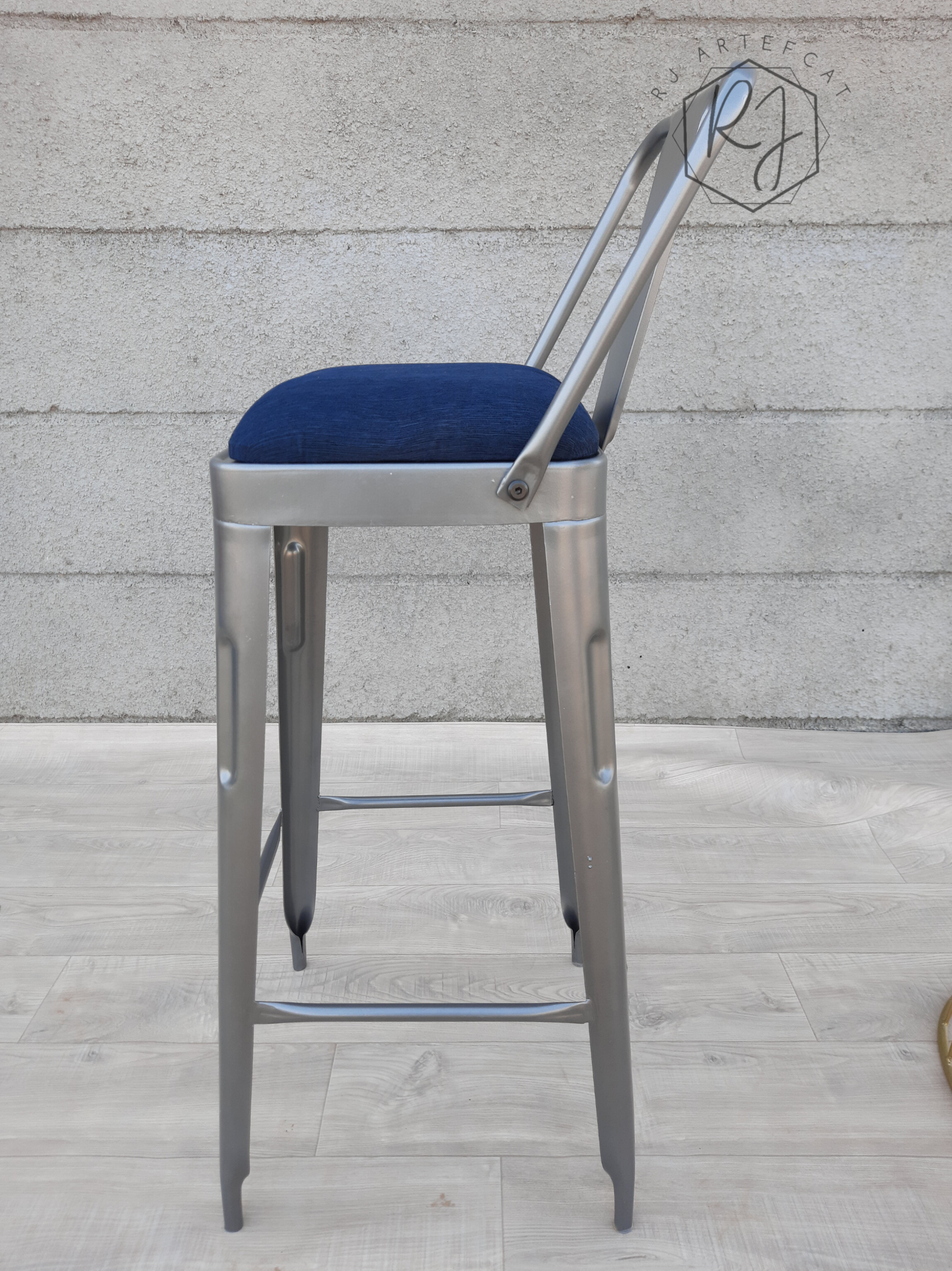Metal Bar Stool with Blue Cushion