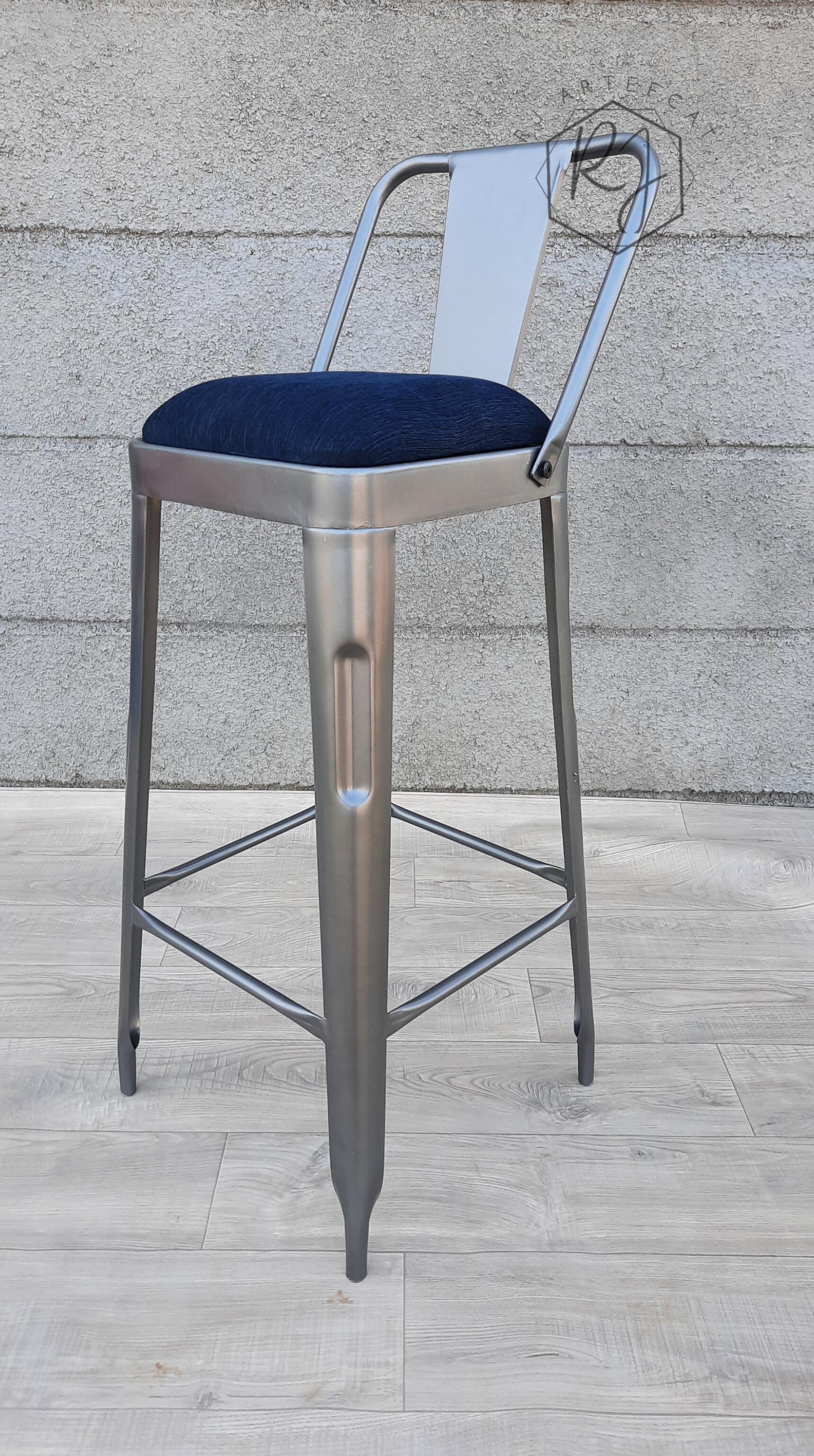 Metal Bar Stool with Blue Cushion
