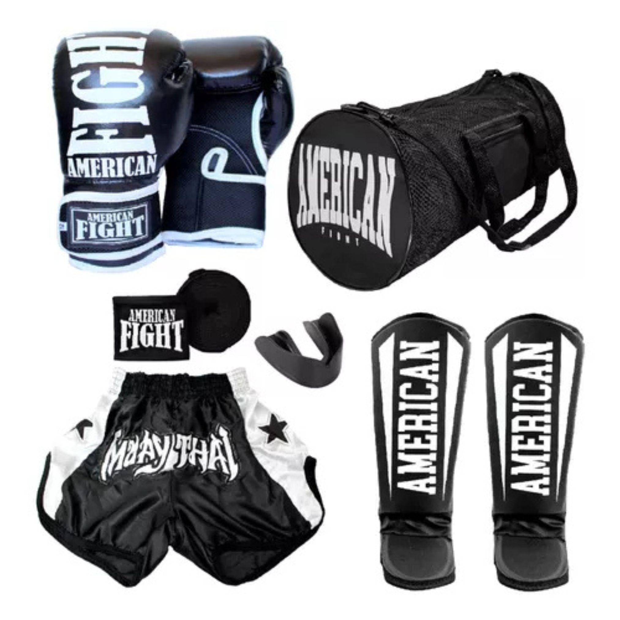 Kit Muay Thai Luva Caneleira Bolsa Shorts Band Bucal Preto