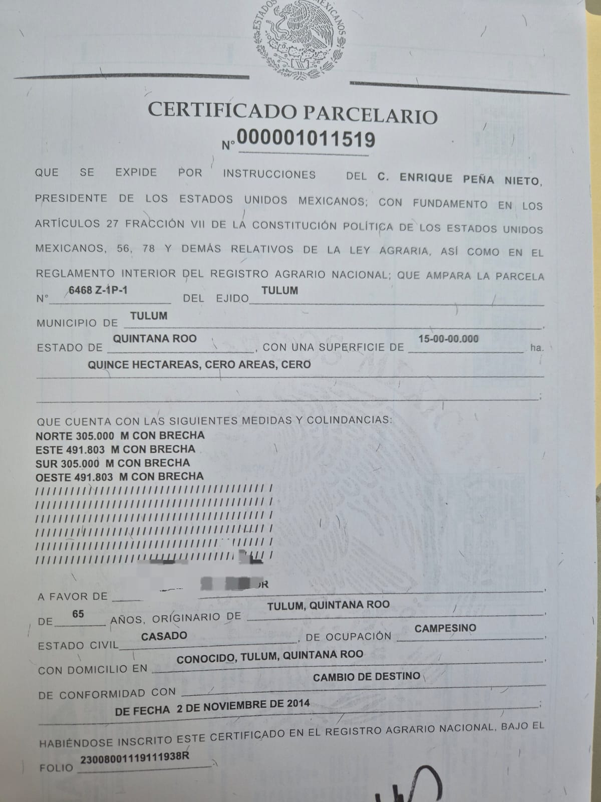 15 Hectareas Con Certificado Parcelario LT 6468