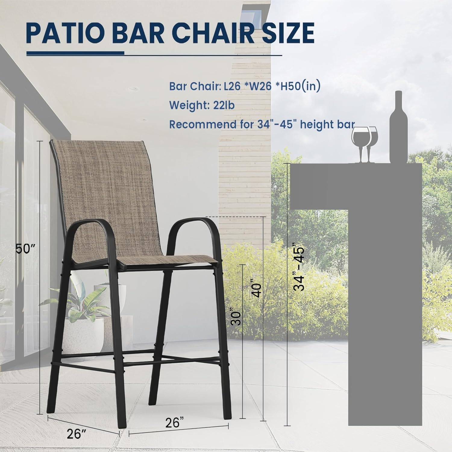 Outdoor Bar Stools of 4, All Weather Patio Bar Height Sets, High Back Patio Stools & Bar Chairs for Backyard, Balcony and Pool, Brown