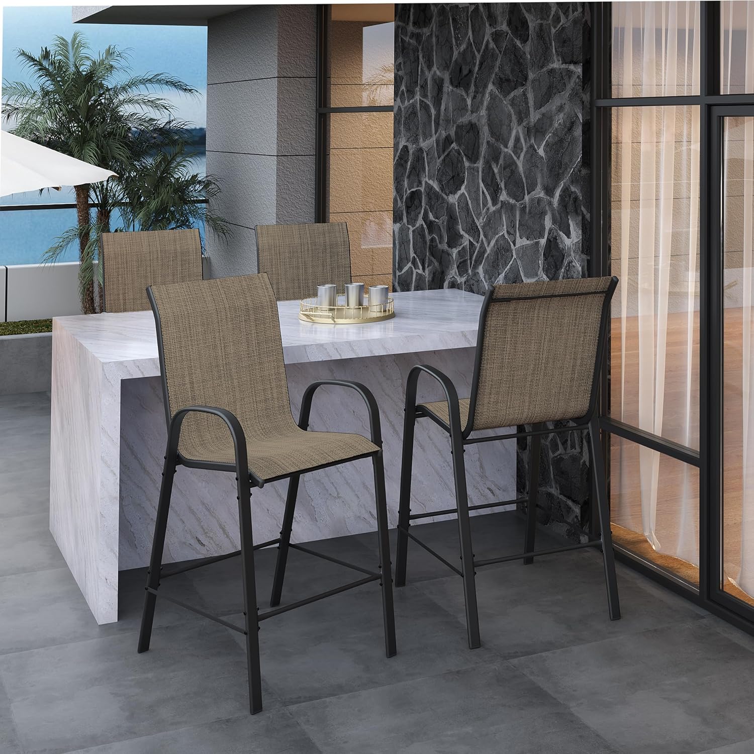 Outdoor Bar Stools of 4, All Weather Patio Bar Height Sets, High Back Patio Stools & Bar Chairs for Backyard, Balcony and Pool, Brown