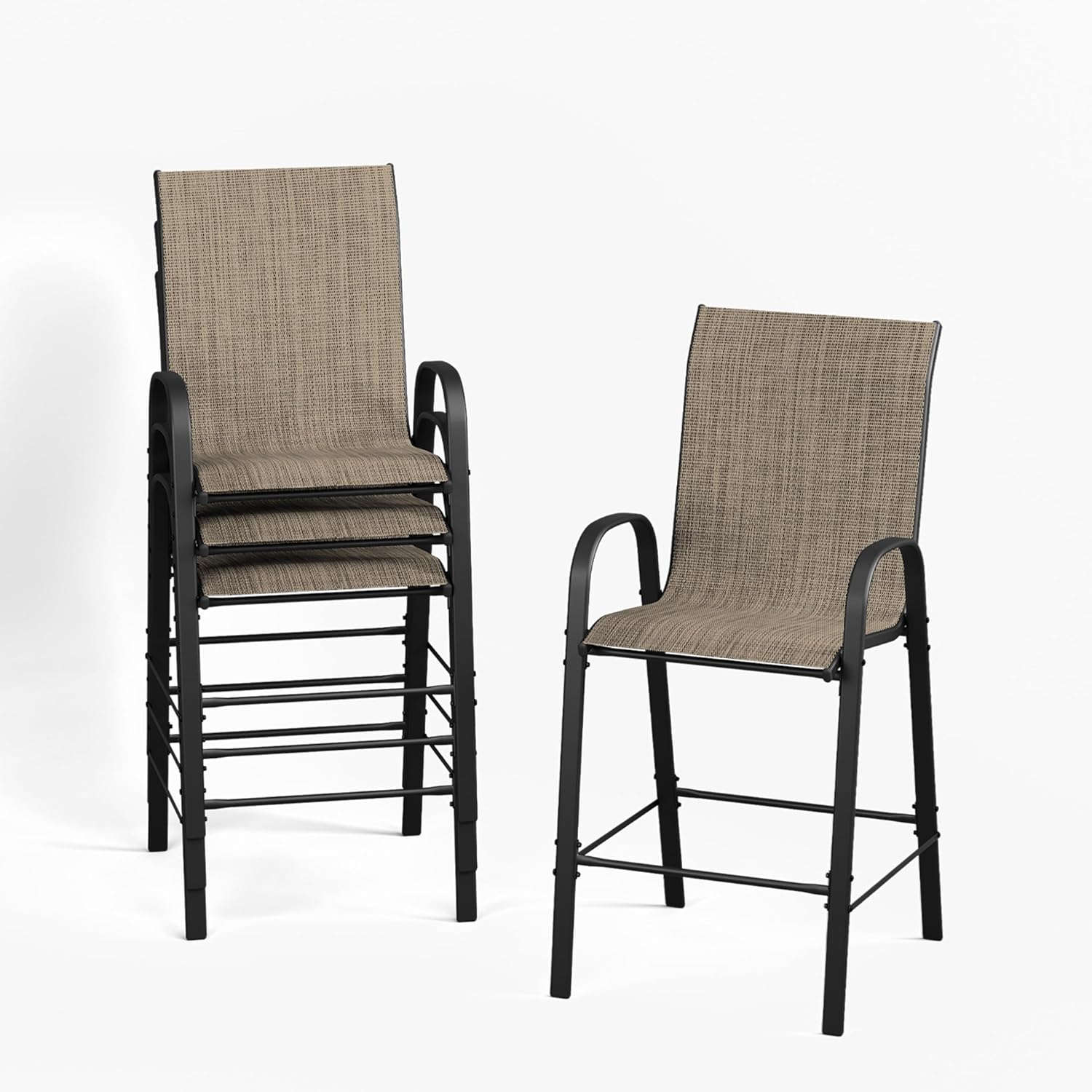 Outdoor Bar Stools of 4, All Weather Patio Bar Height Sets, High Back Patio Stools & Bar Chairs for Backyard, Balcony and Pool, Brown