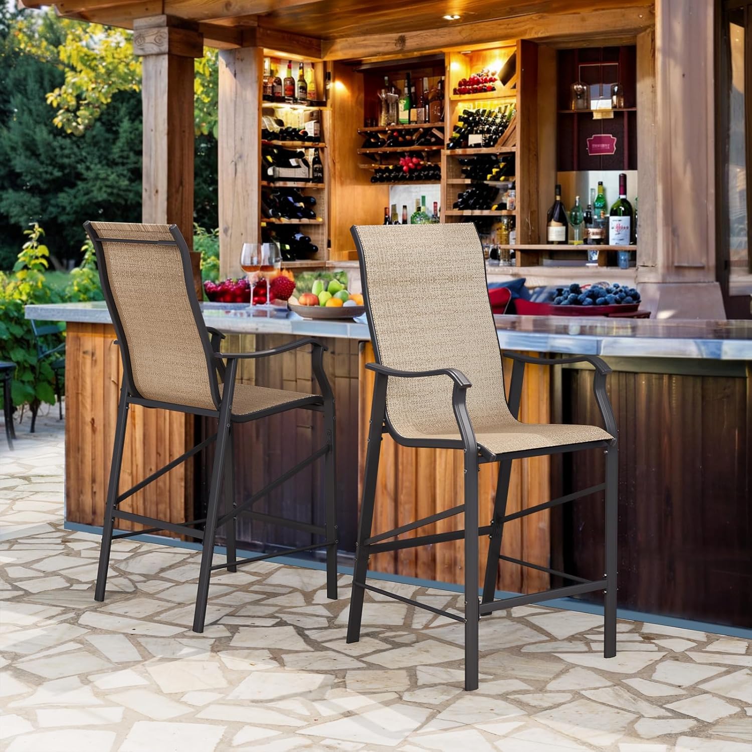 Outdoor Bar Stools Set of 2, Comfortable Bar Height Outdoor Chairs, High Top Patio Bar Stools w/All-Weather Mesh, 300lb Capacity (Brown)