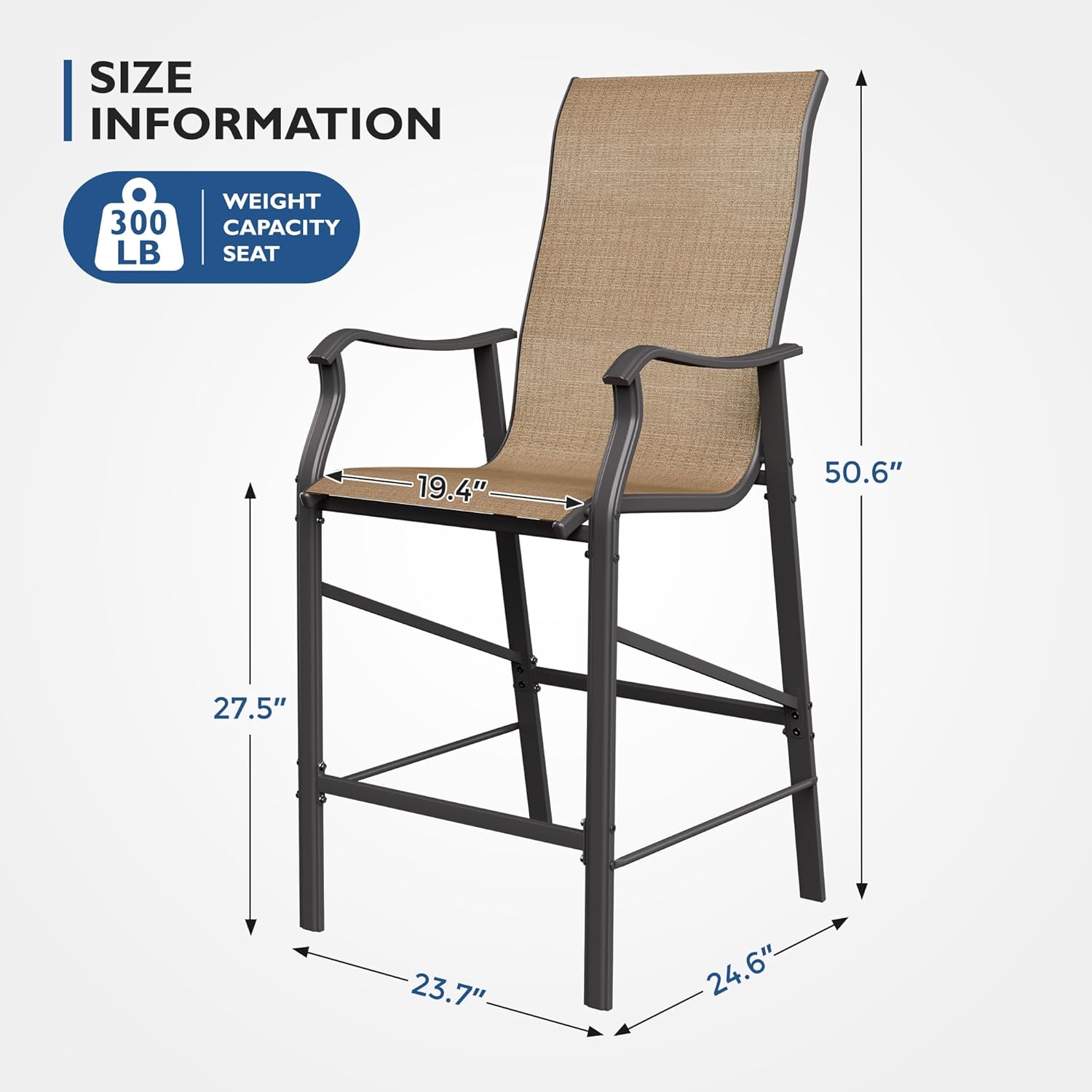 Outdoor Bar Stools Set of 2, Comfortable Bar Height Outdoor Chairs, High Top Patio Bar Stools w/All-Weather Mesh, 300lb Capacity (Brown)
