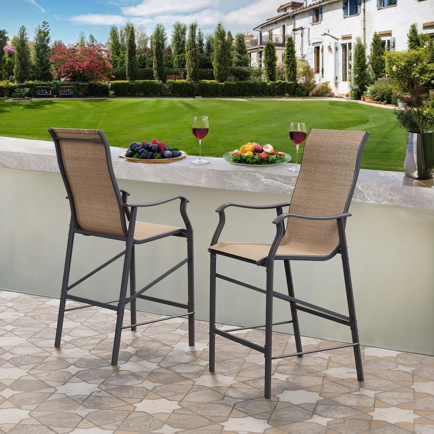 Outdoor Bar Stools Set of 2, Comfortable Bar Height Outdoor Chairs, High Top Patio Bar Stools w/All-Weather Mesh, 300lb Capacity (Brown)