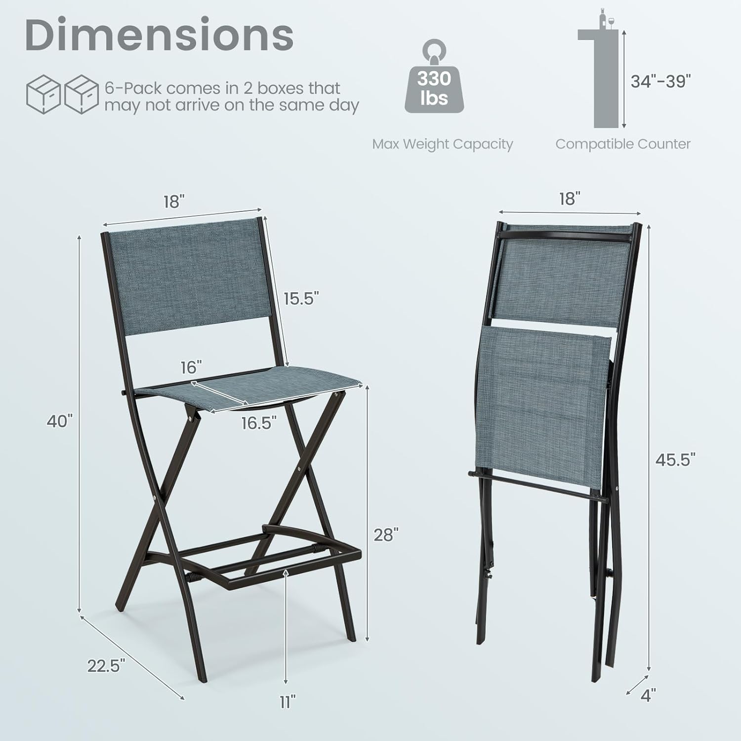 Outdoor Barstools Set of 2, Counter Height Folding Bar Chairs with Back and Footrest, Versatile Patio Dining Chairs with Breathable Fabric & Heavy-Duty Metal Frame (2, Bluish-Grey)