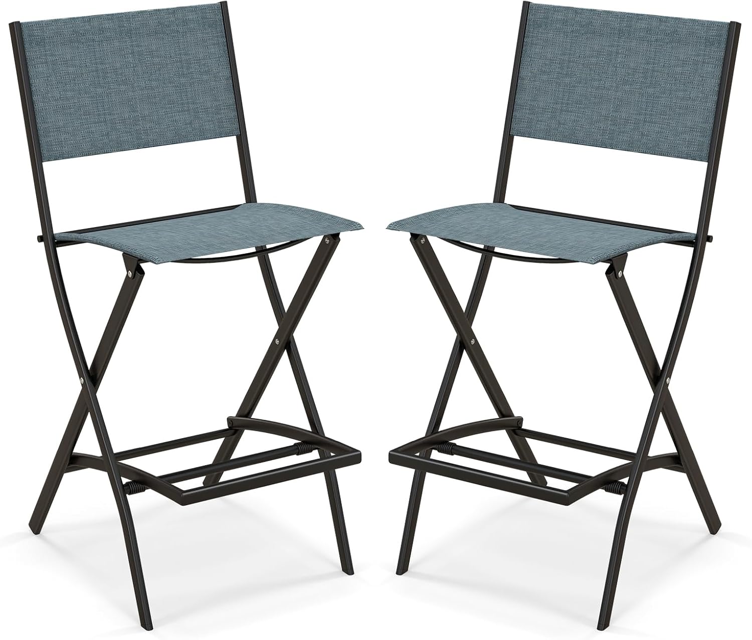 Outdoor Barstools Set of 2, Counter Height Folding Bar Chairs with Back and Footrest, Versatile Patio Dining Chairs with Breathable Fabric & Heavy-Duty Metal Frame (2, Bluish-Grey)