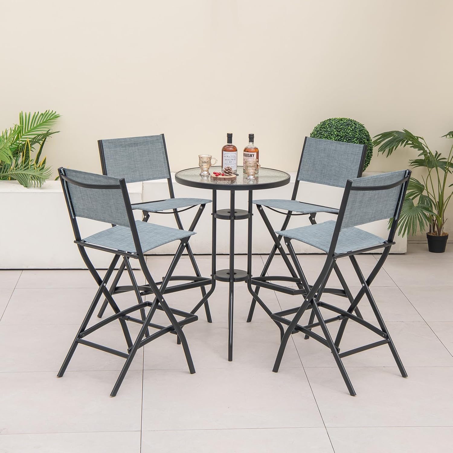 Outdoor Barstools Set of 2, Counter Height Folding Bar Chairs with Back and Footrest, Versatile Patio Dining Chairs with Breathable Fabric & Heavy-Duty Metal Frame (2, Bluish-Grey)