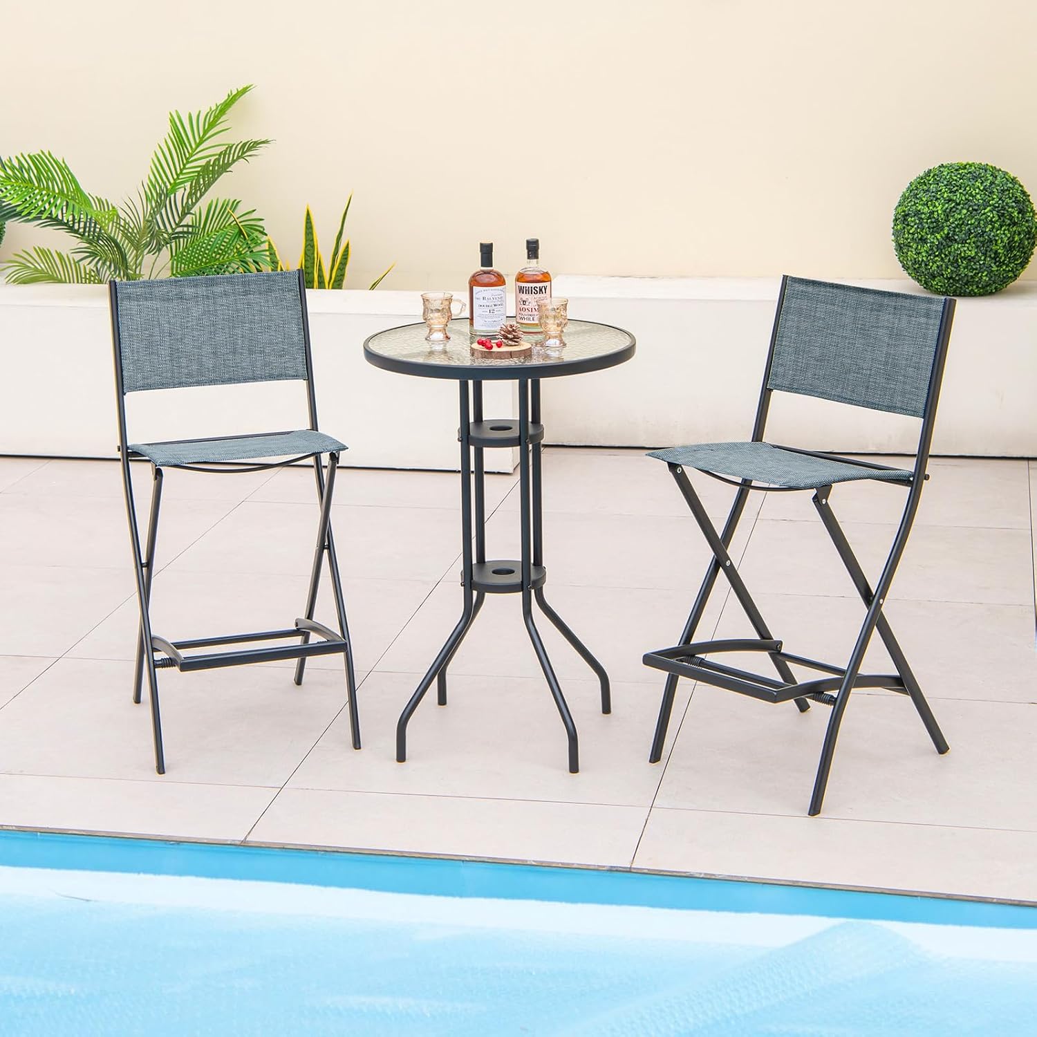 Outdoor Barstools Set of 2, Counter Height Folding Bar Chairs with Back and Footrest, Versatile Patio Dining Chairs with Breathable Fabric & Heavy-Duty Metal Frame (2, Bluish-Grey)