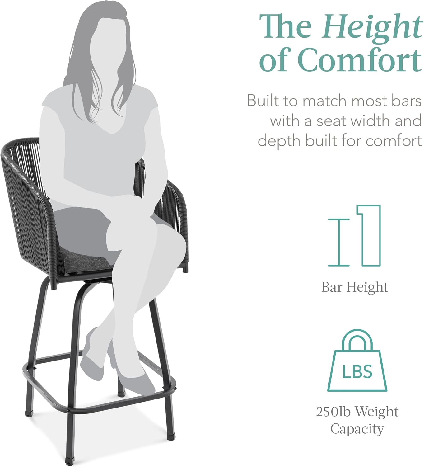 Set of 2 Woven Wicker Swivel Bar Stools, Patio Bar Height Chair for Backyard, Pool, Garden, Deck w/ 360 Rotation, 250lb Capacity - Black/Gray