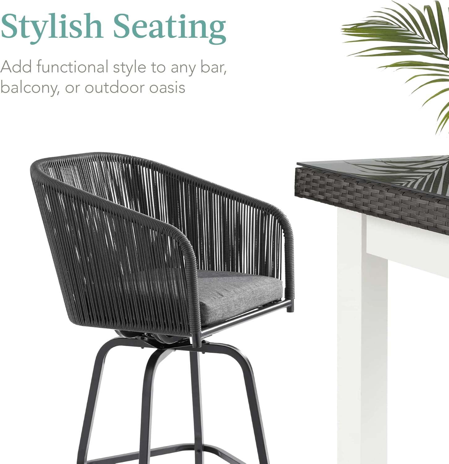 Set of 2 Woven Wicker Swivel Bar Stools, Patio Bar Height Chair for Backyard, Pool, Garden, Deck w/ 360 Rotation, 250lb Capacity - Black/Gray