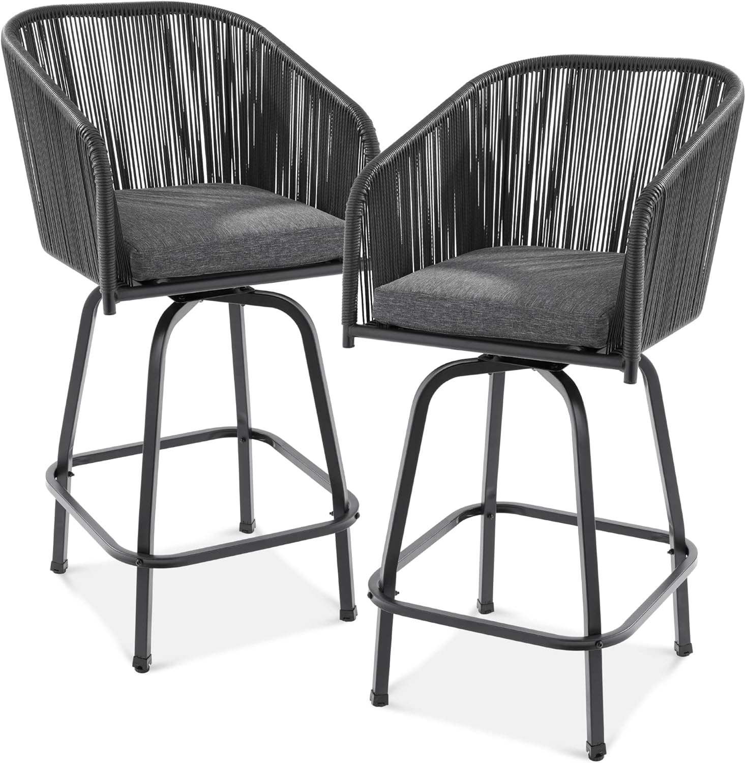 Set of 2 Woven Wicker Swivel Bar Stools, Patio Bar Height Chair for Backyard, Pool, Garden, Deck w/ 360 Rotation, 250lb Capacity - Black/Gray