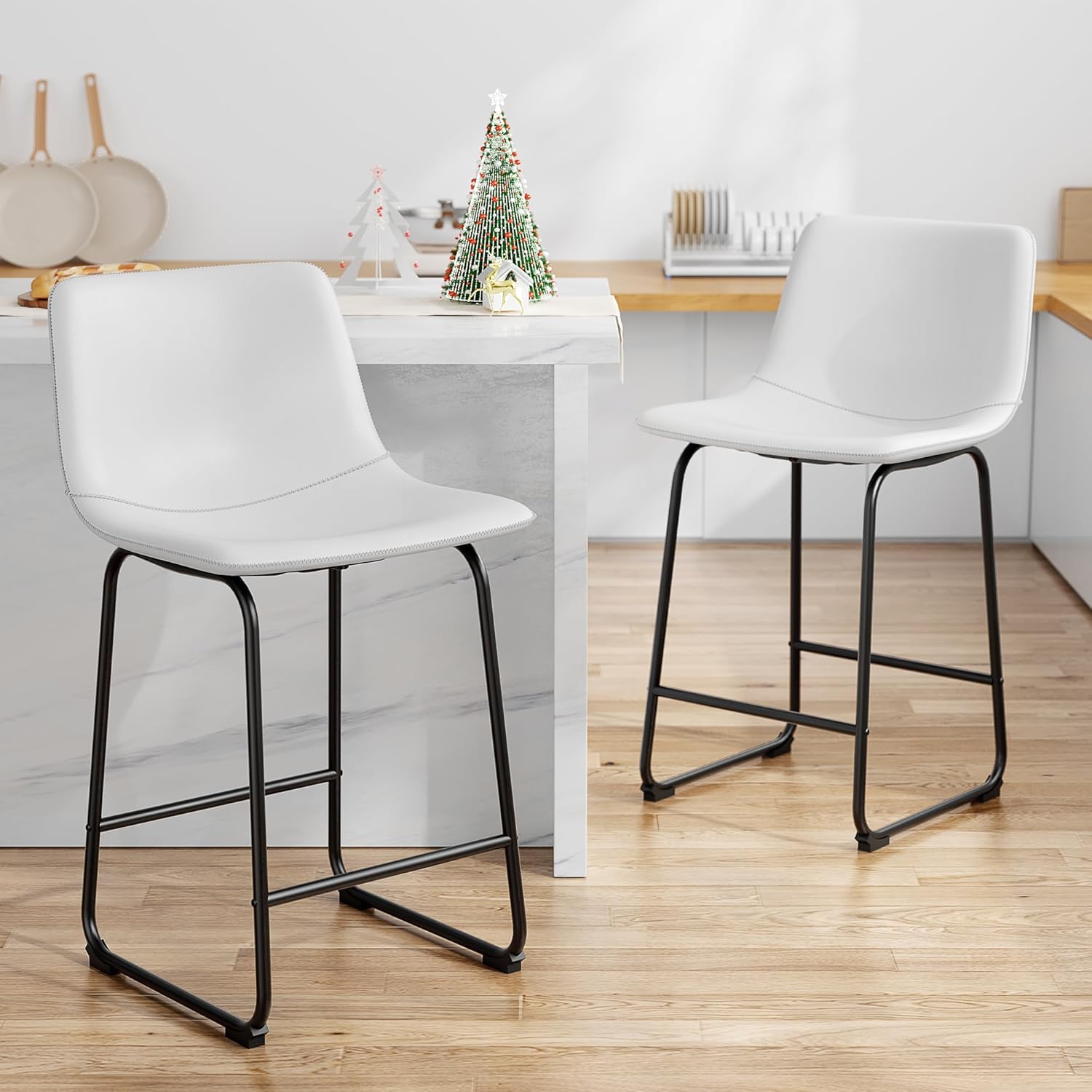 Bar Stools Set of 2, PU Leather Counter Height Bar Stools, 26" Modern Bar Stools with Metal Legs and Footrest, Urban Armless Dining Chairs with Backrest for Kitchen Island (White)