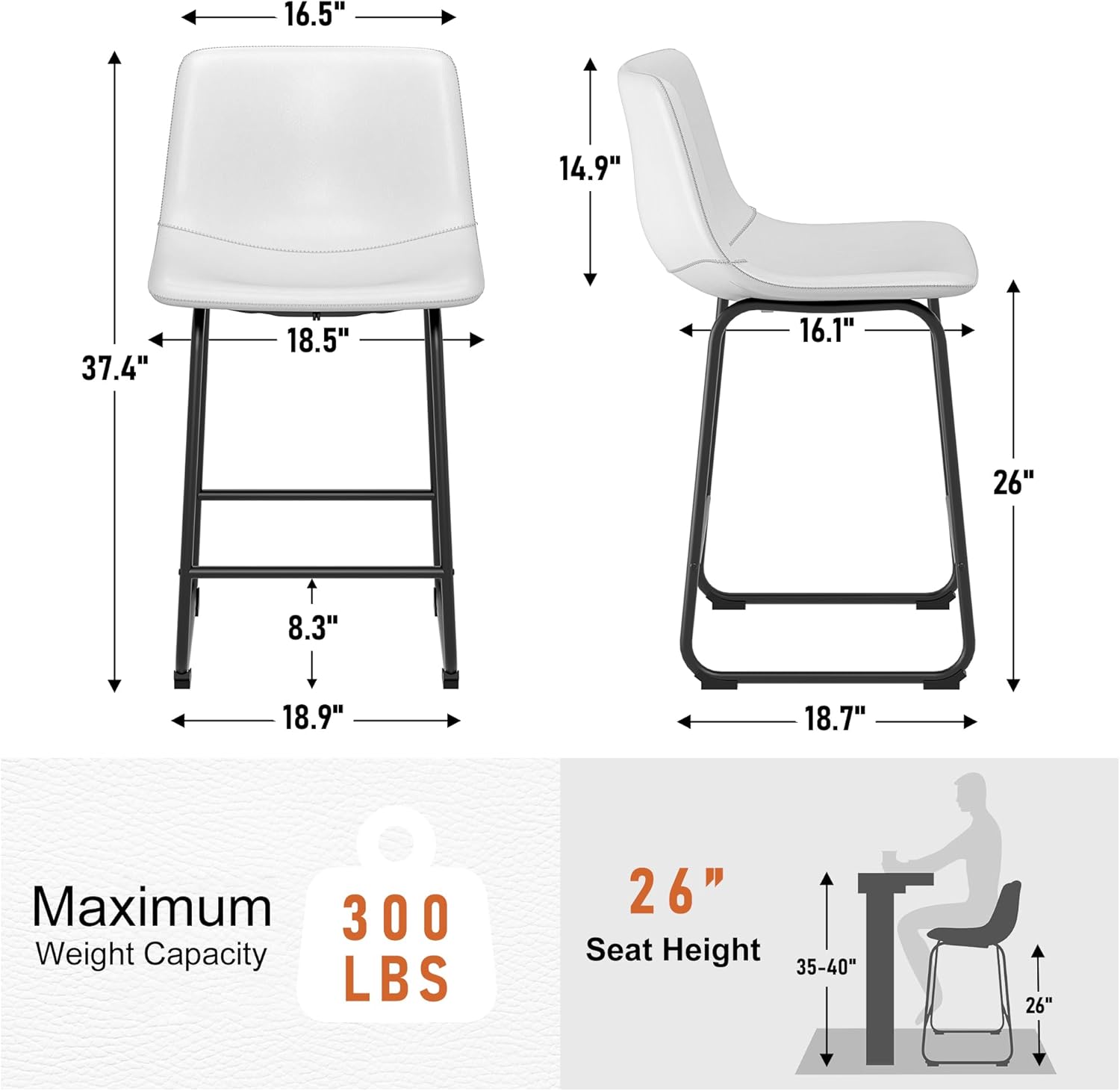 Bar Stools Set of 2, PU Leather Counter Height Bar Stools, 26" Modern Bar Stools with Metal Legs and Footrest, Urban Armless Dining Chairs with Backrest for Kitchen Island (White)