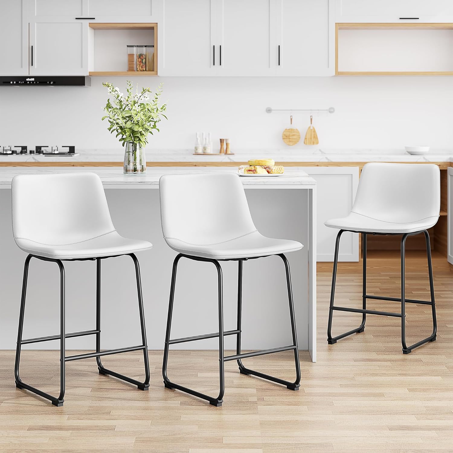 Bar Stools Set of 2, PU Leather Counter Height Bar Stools, 26" Modern Bar Stools with Metal Legs and Footrest, Urban Armless Dining Chairs with Backrest for Kitchen Island (White)