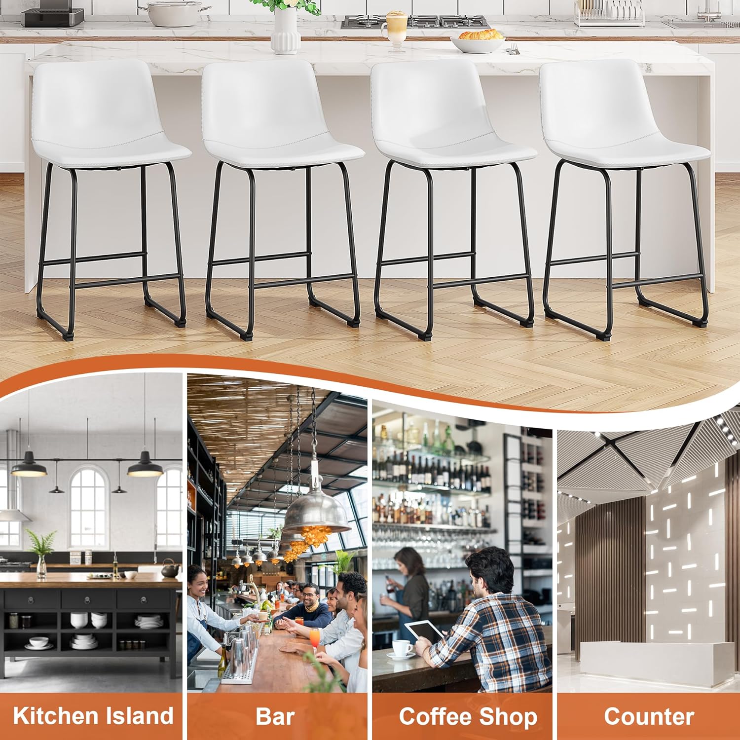 Bar Stools Set of 2, PU Leather Counter Height Bar Stools, 26" Modern Bar Stools with Metal Legs and Footrest, Urban Armless Dining Chairs with Backrest for Kitchen Island (White)