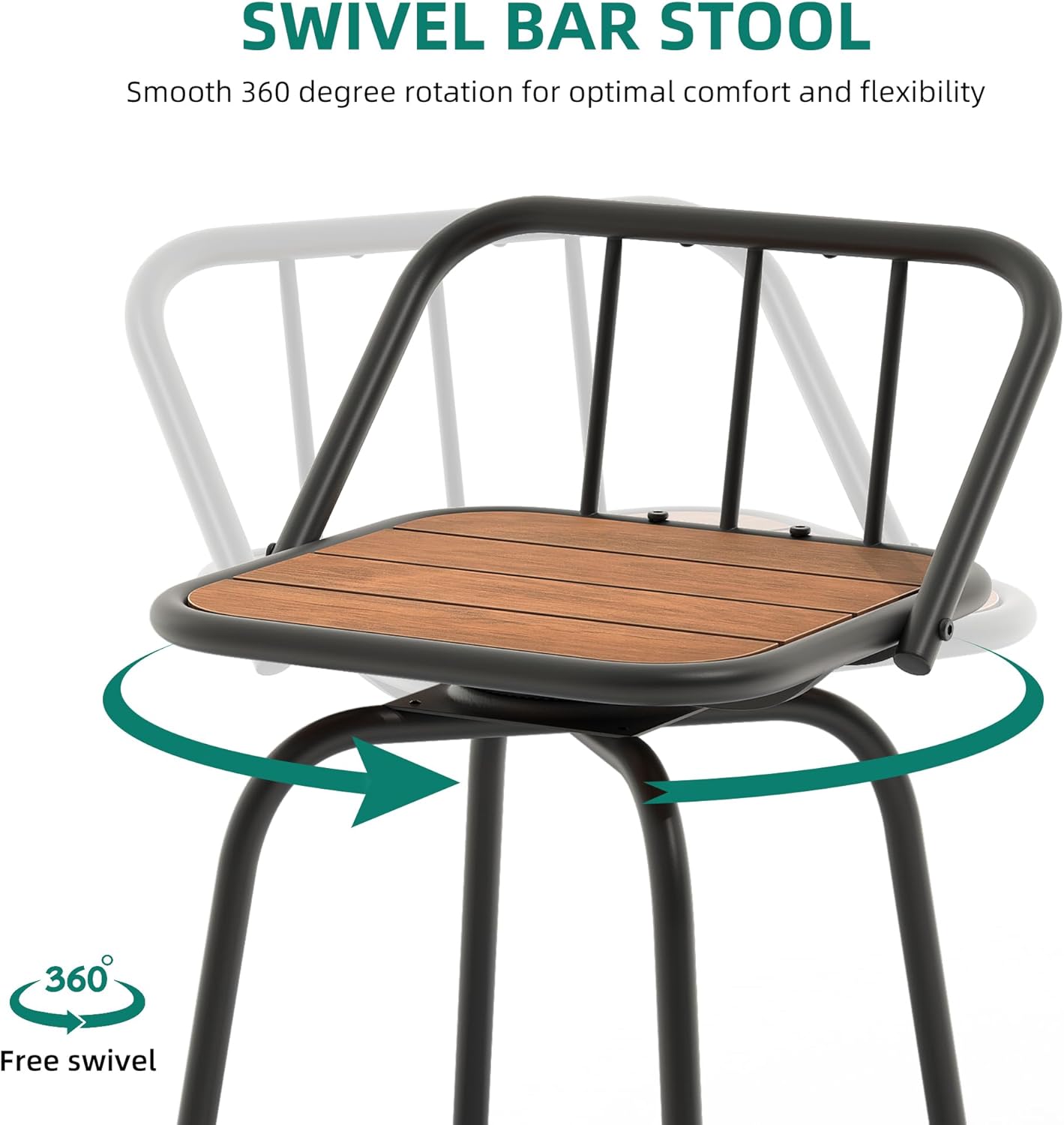 Outdoor Bar Stools Set of 2 Swivel Barstools, 24" Bar Height Outdoor Chairs with Back and Footrest, All-Weather 360 Rotating Patio Bar Stools for Bar, Kitchen Island, Wood