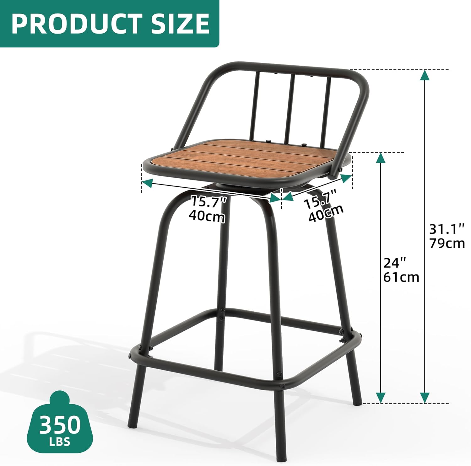 Outdoor Bar Stools Set of 2 Swivel Barstools, 24" Bar Height Outdoor Chairs with Back and Footrest, All-Weather 360 Rotating Patio Bar Stools for Bar, Kitchen Island, Wood