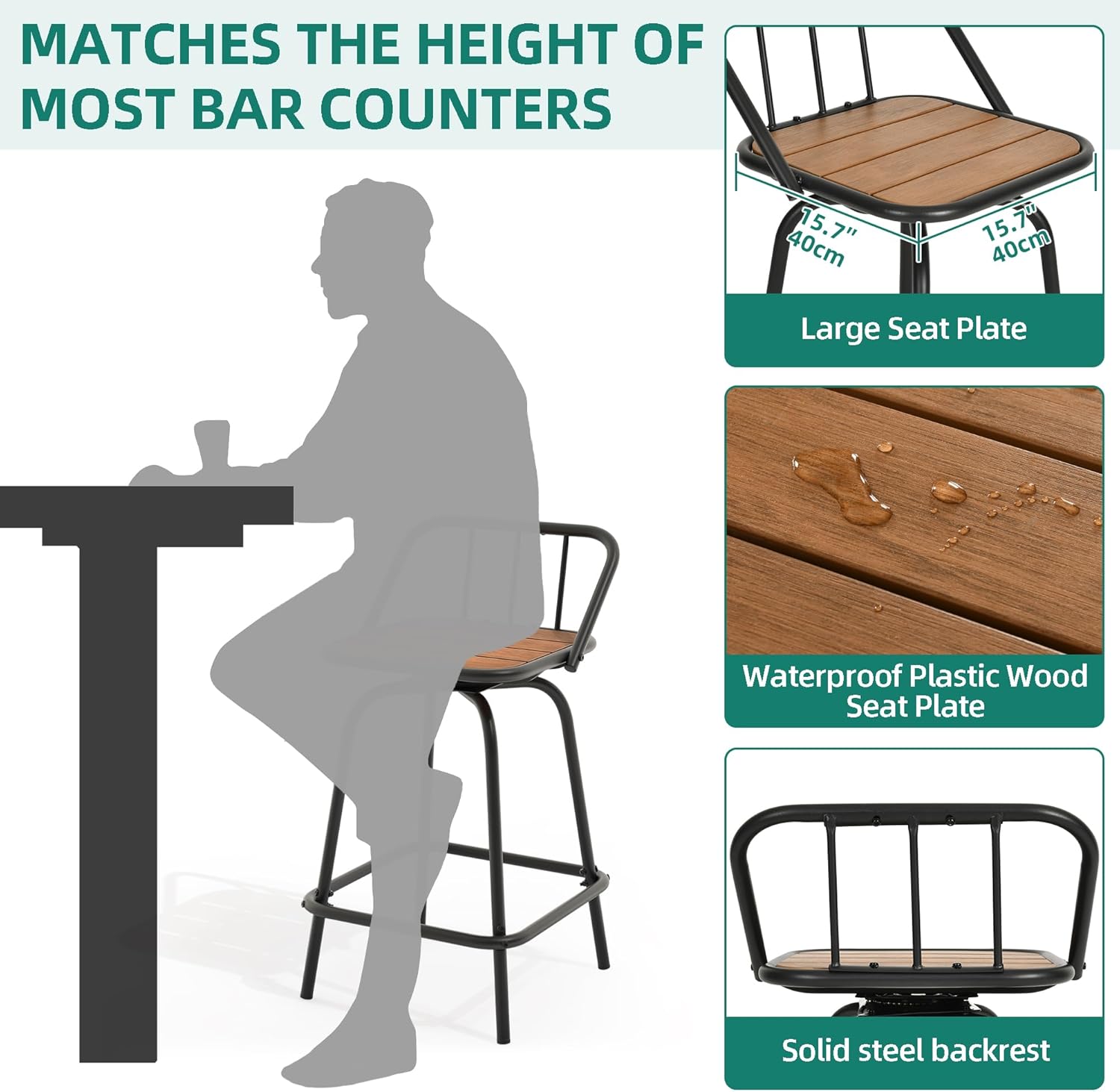 Outdoor Bar Stools Set of 2 Swivel Barstools, 24" Bar Height Outdoor Chairs with Back and Footrest, All-Weather 360 Rotating Patio Bar Stools for Bar, Kitchen Island, Wood